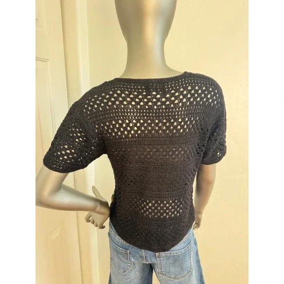 Vintage Black Crochet Short Sleeve Cardigan Floral Embroidered Mesh Cottagecore - Picture 7 of 7